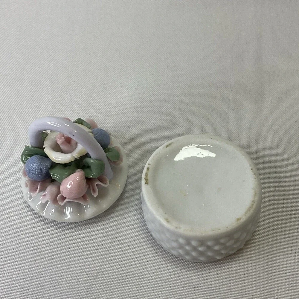 Vintage Capodimonte Porcelain Round Basket W Flowers Vanity Jewelry Trinket Box